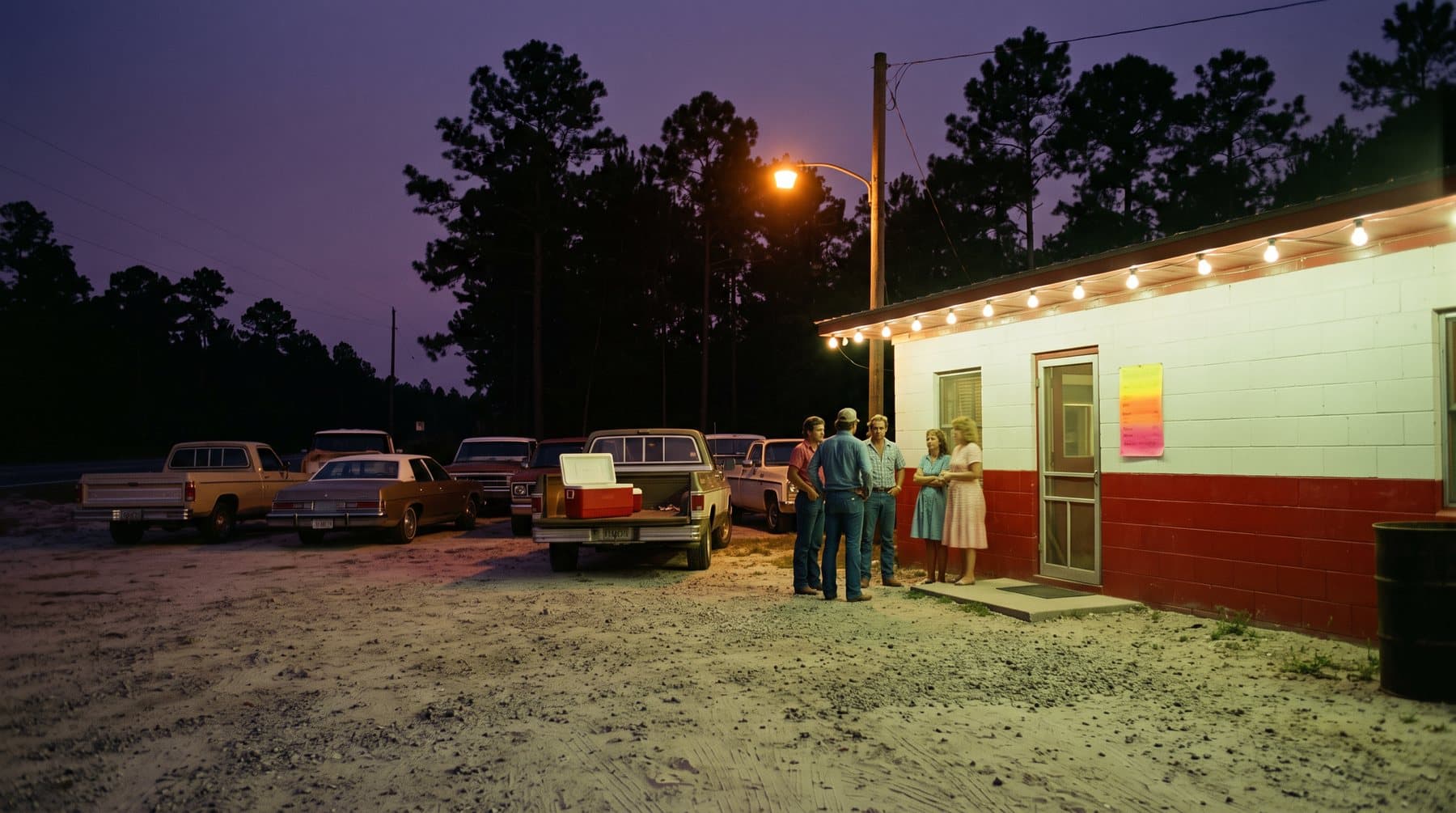 A cinder-block roadhouse at dusk with a painted show card by the door