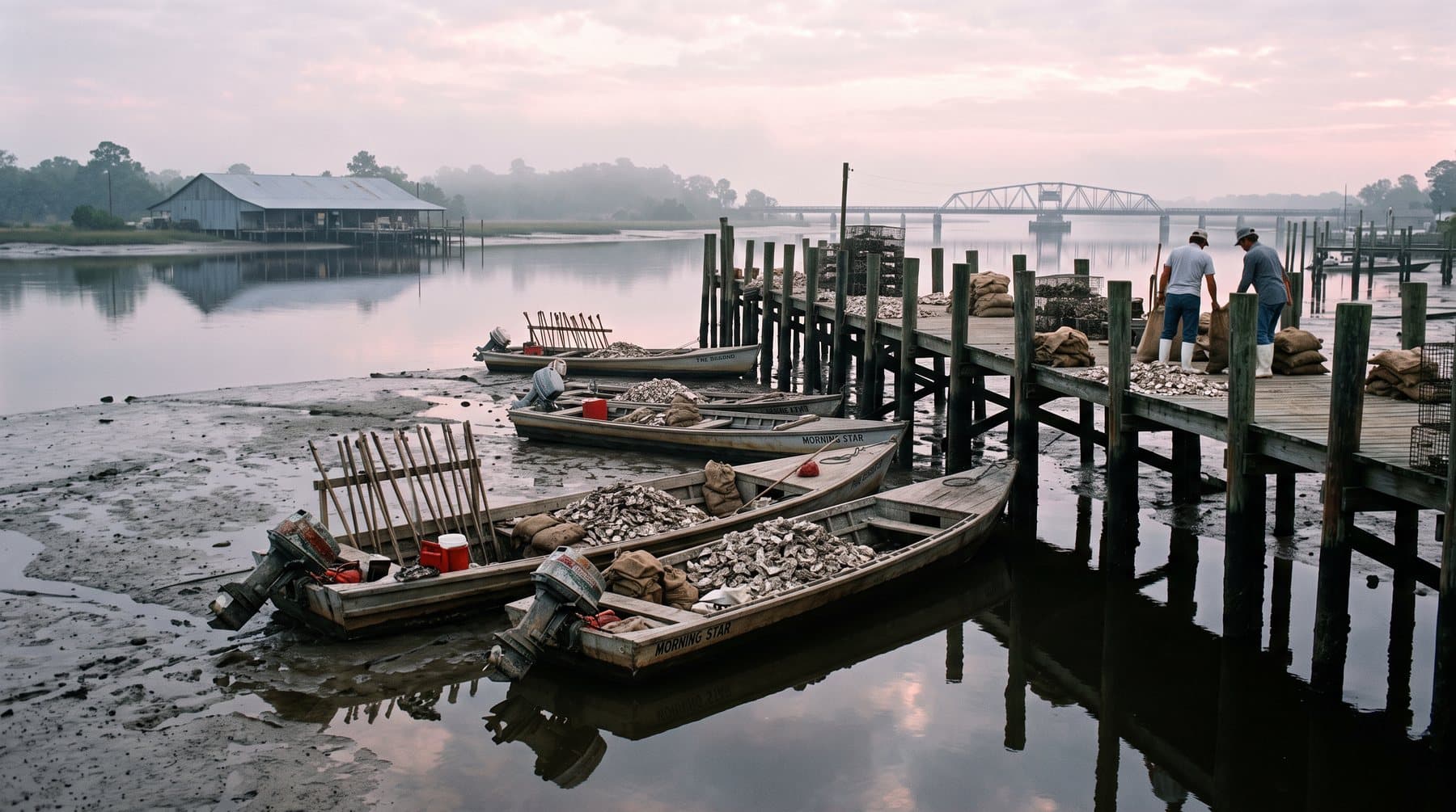 Oyster skiffs tied up at a low-tide dock in Apalachicola