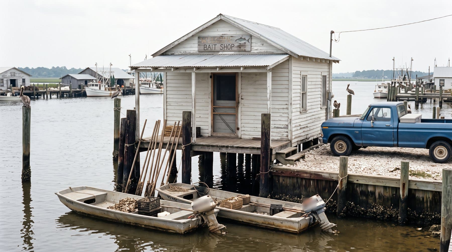 A white clapboard bait shop on pilings at the Apalachicola waterfront in daylight